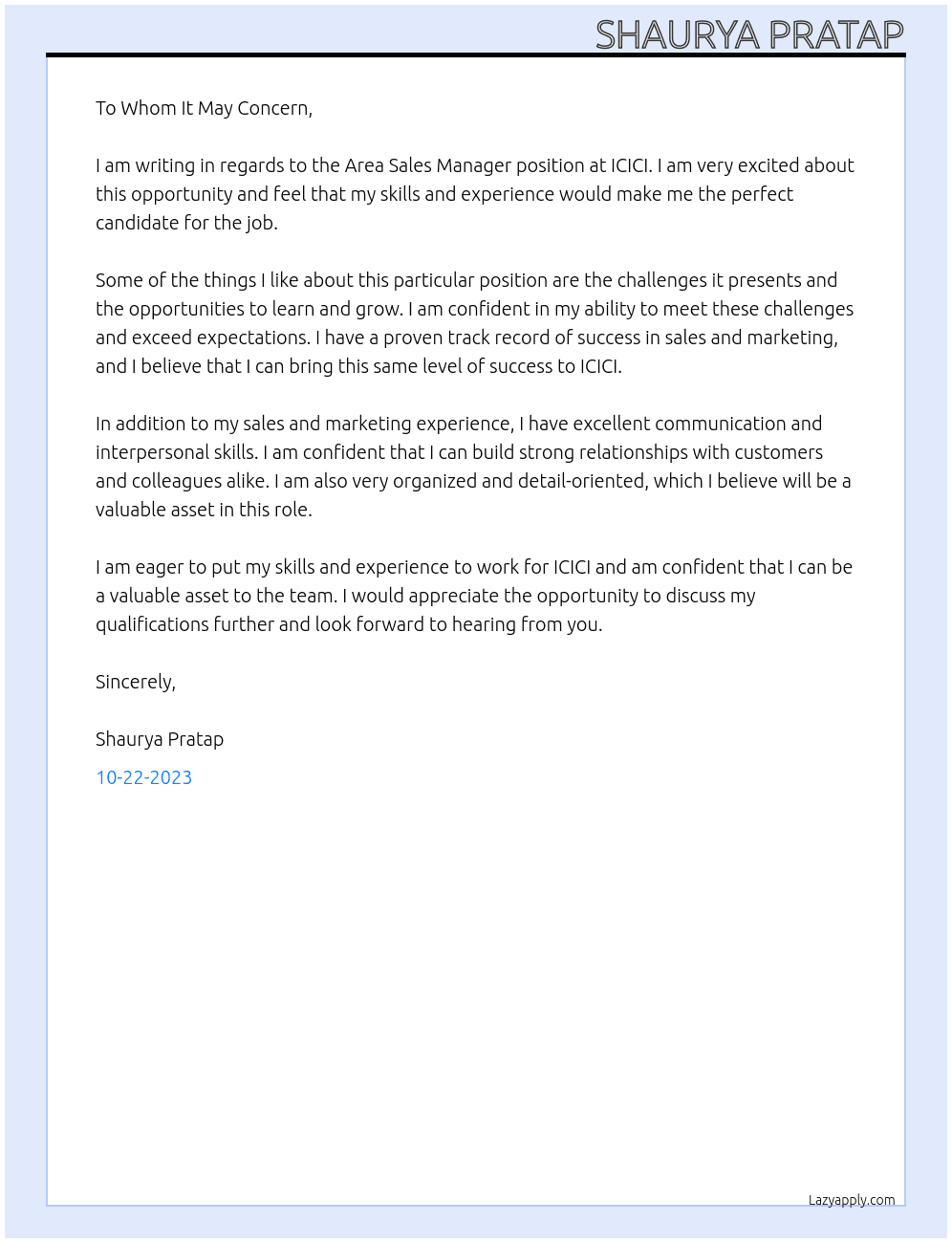 Area sales manager At ICICI Cover Letter