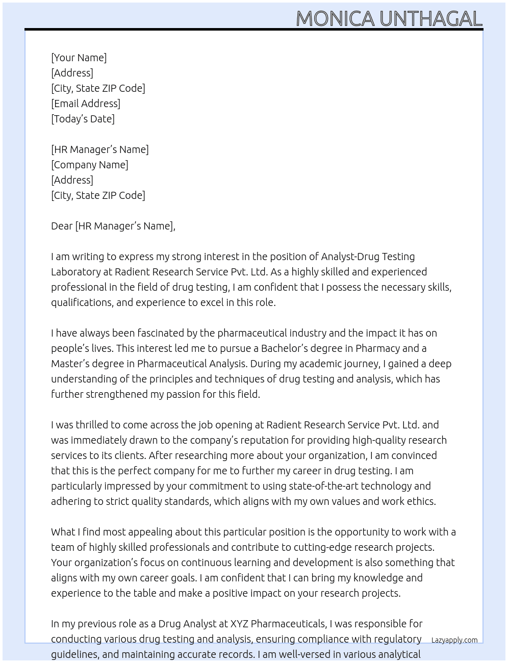 Analyst-drug testing laboratory At Radient research sevice pvt ltd. Cover Letter