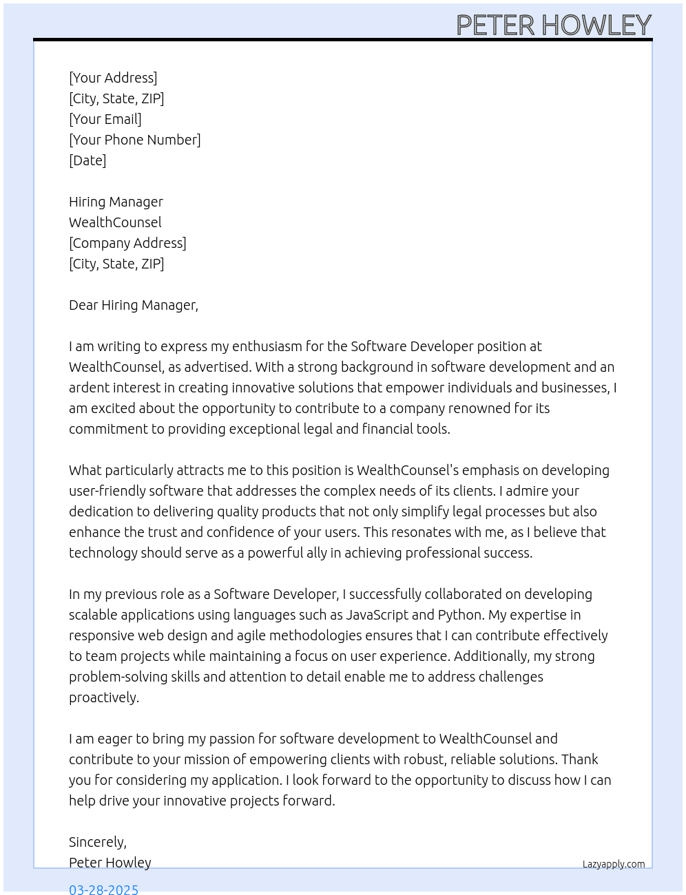Software Developer At WealthCounsel Cover Letter
