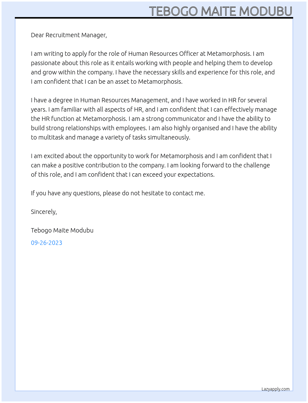 Human Resources Officer  At Metamorphosis Cover Letter