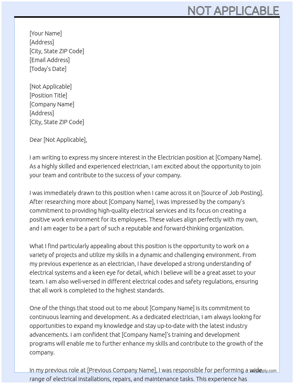 Electrician At Not Applicable Cover Letter