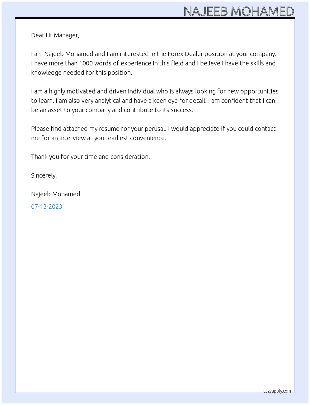 Forex Dealer At Forex Dealer Cover Letter