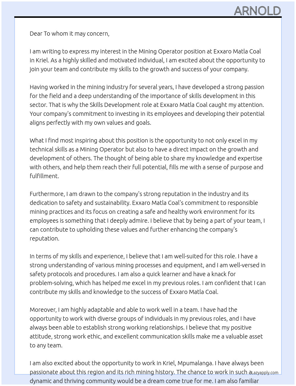 Mining operator At Exxaro Matla Coal in Kriel Cover Letter
