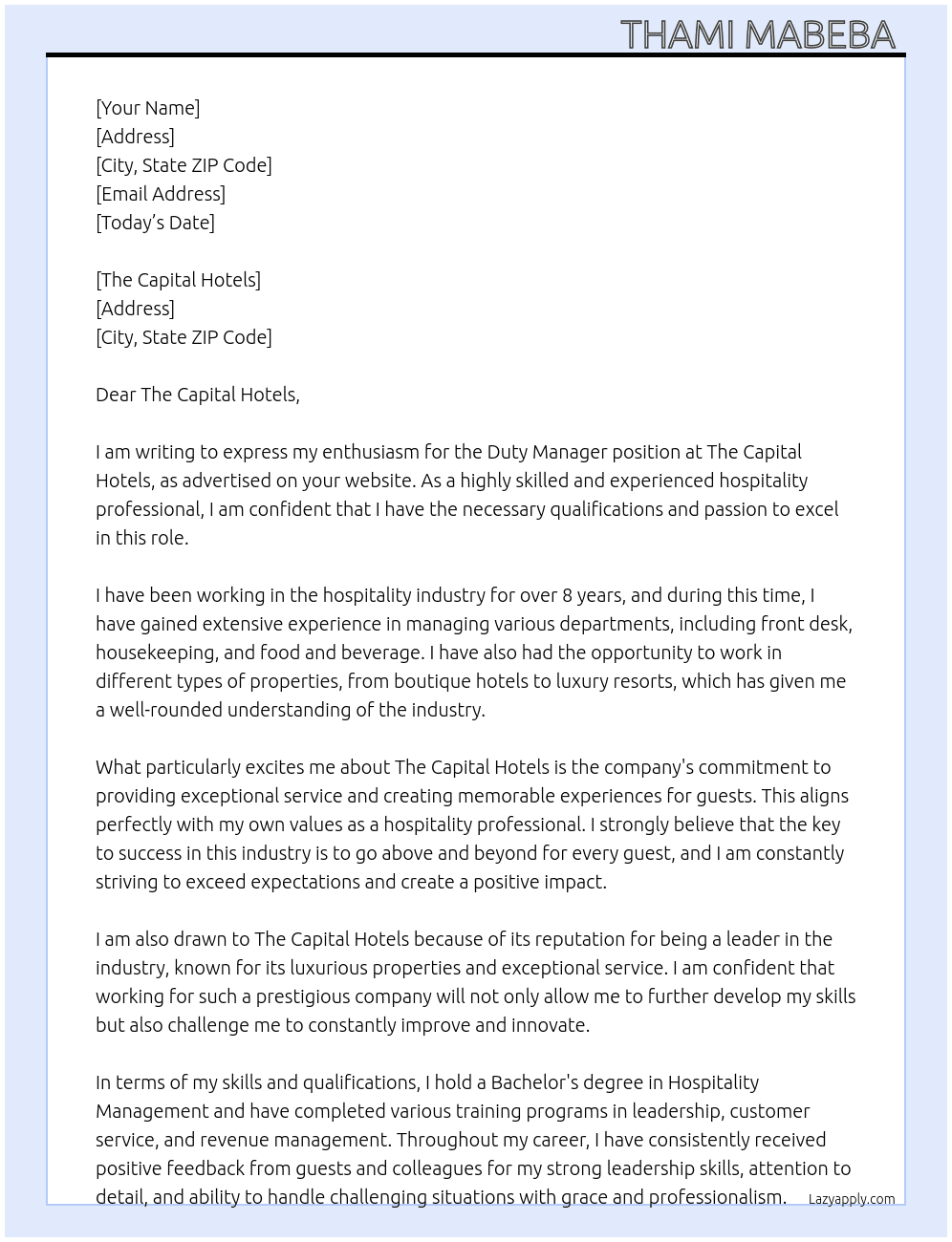 Duty Manager  At The Capital Hotels Cover Letter