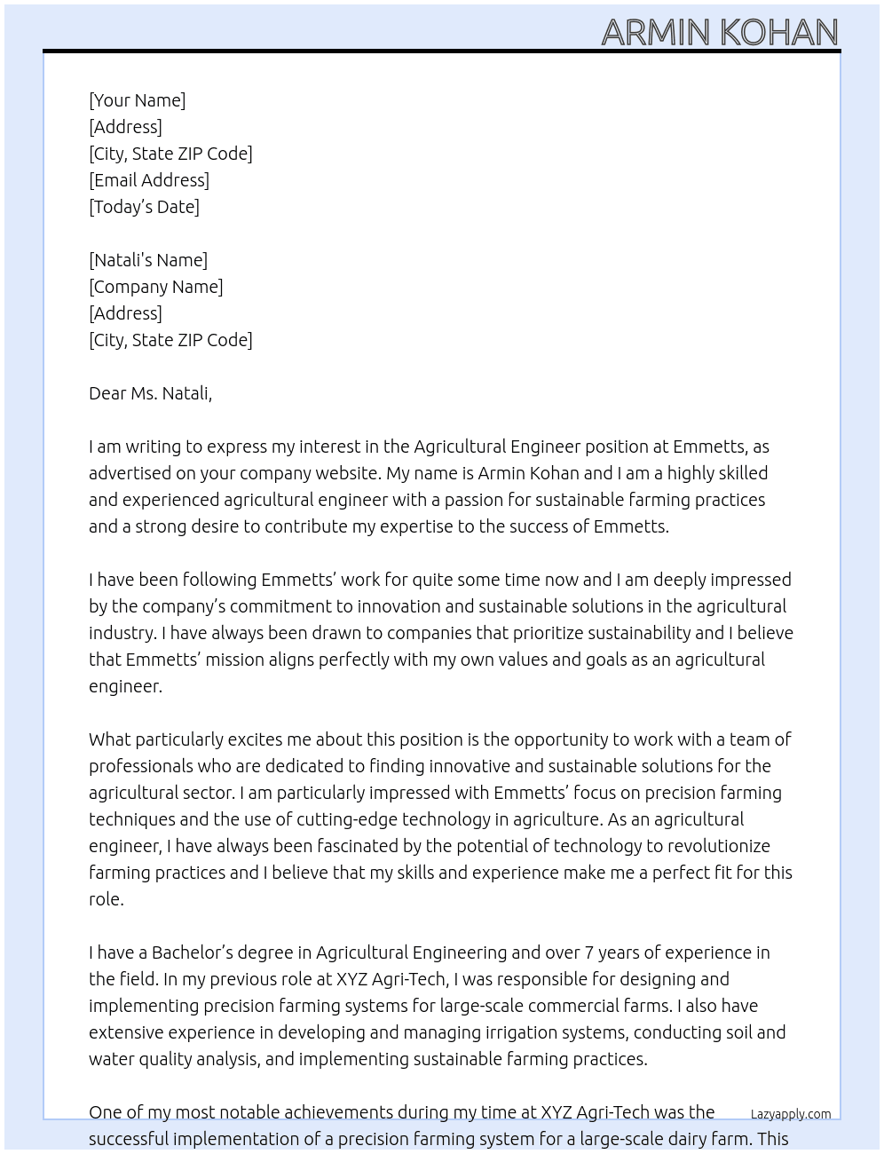 agricultural engineer At emmetts Cover Letter