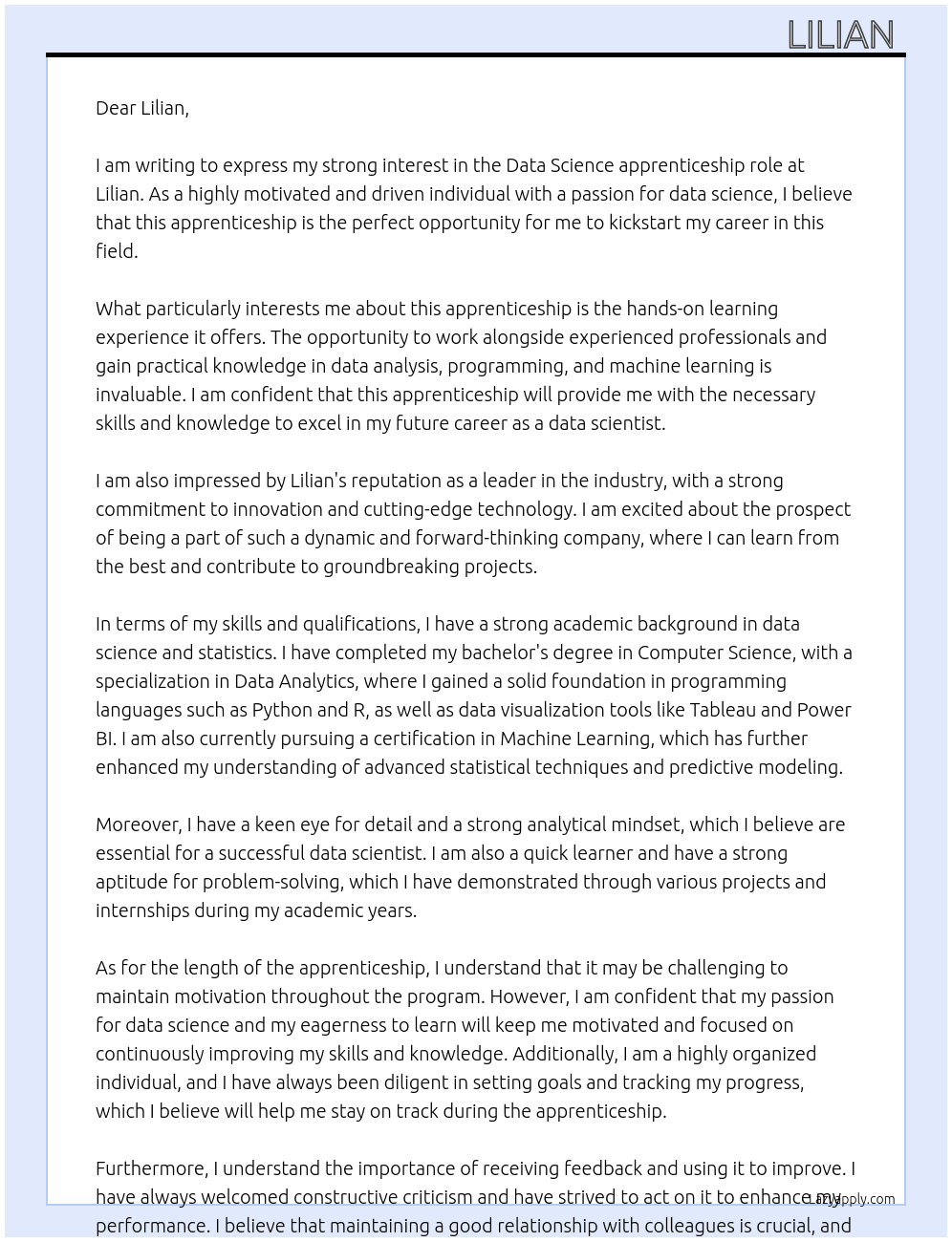 Data Science apprenticeship At Lilian  Cover Letter