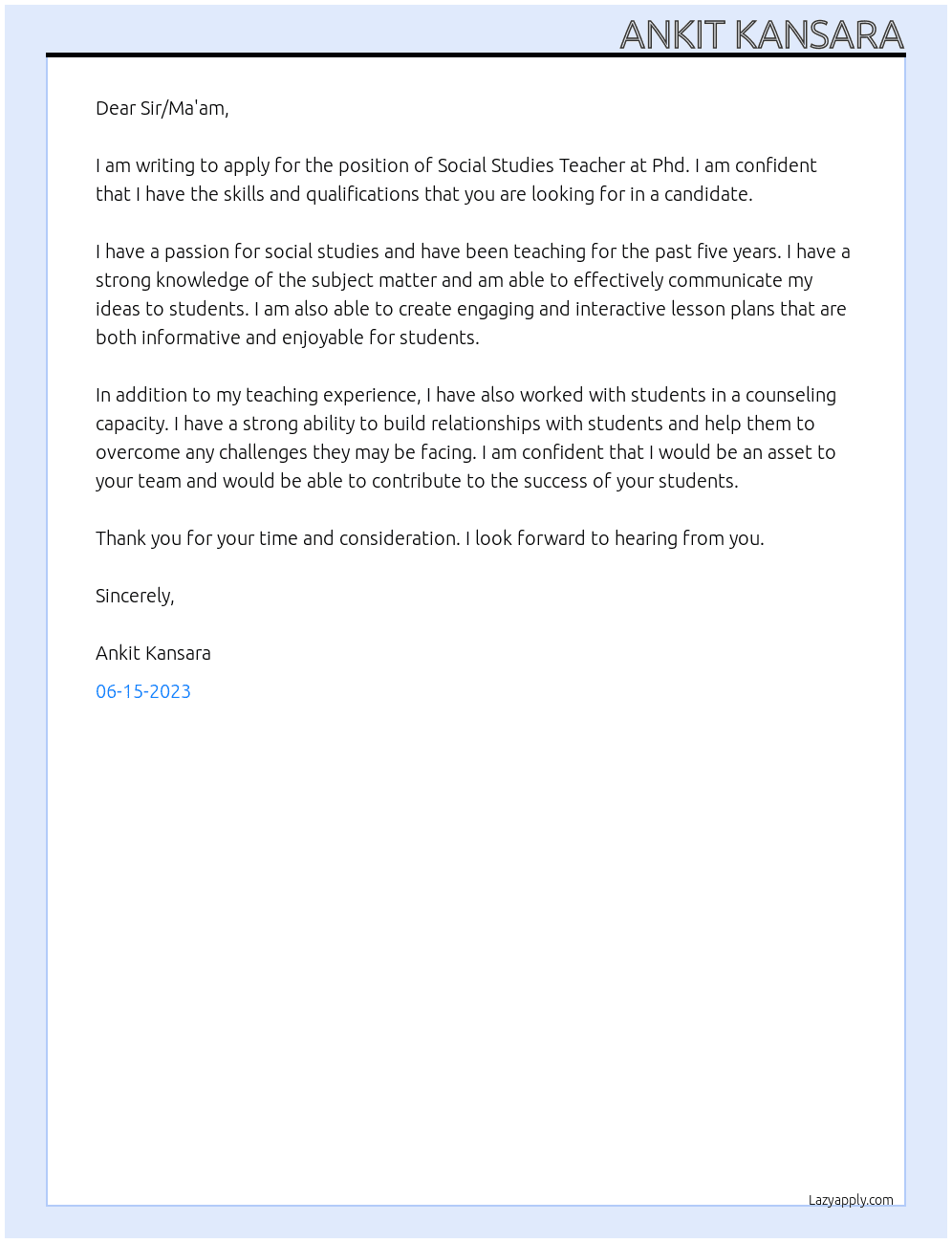 Social Studies Teacher At Phd. Cover Letter