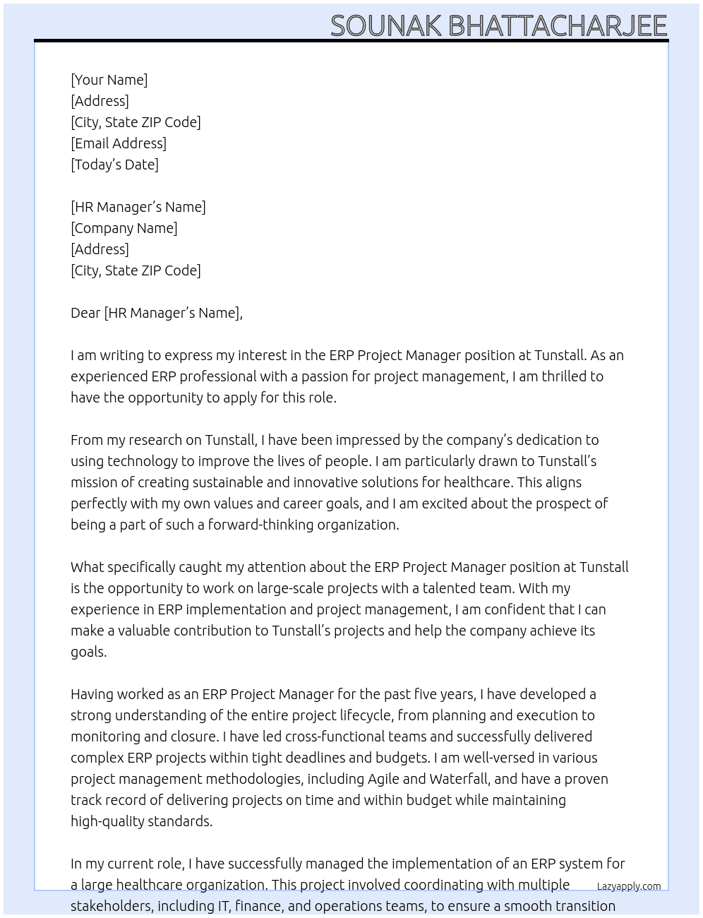 ERP Project Manager At Tunstall Cover Letter