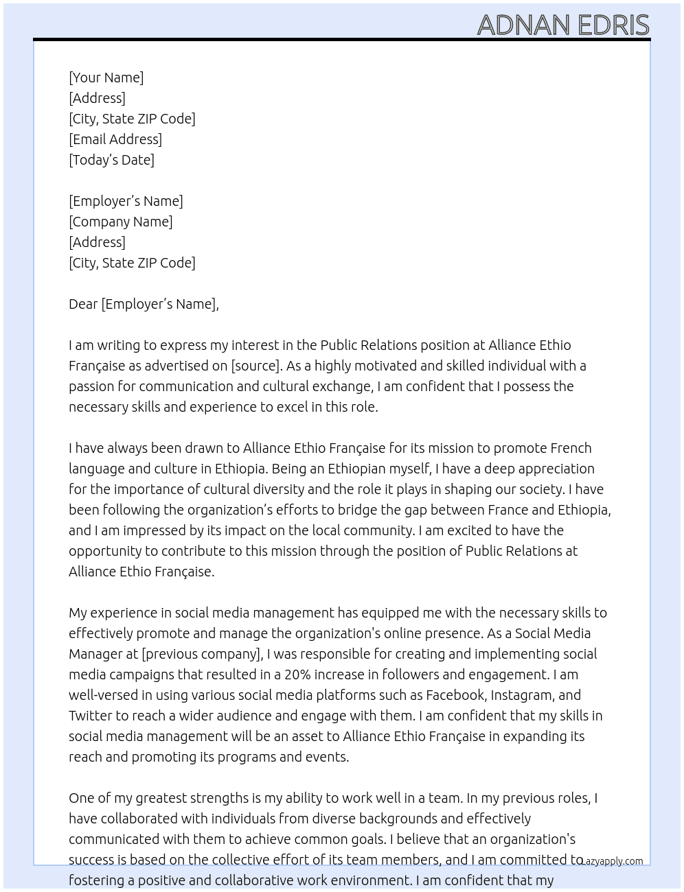 Public Relations  At Alliance Ethio Française Cover Letter