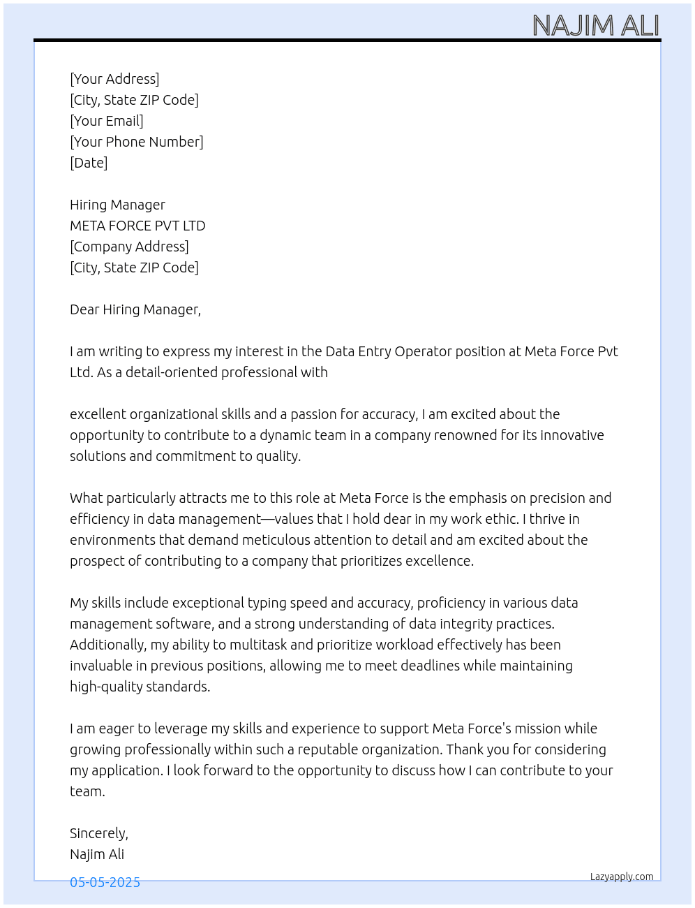 DATA ENTRY OPERATOR  At META FORCE PVT LTD Cover Letter