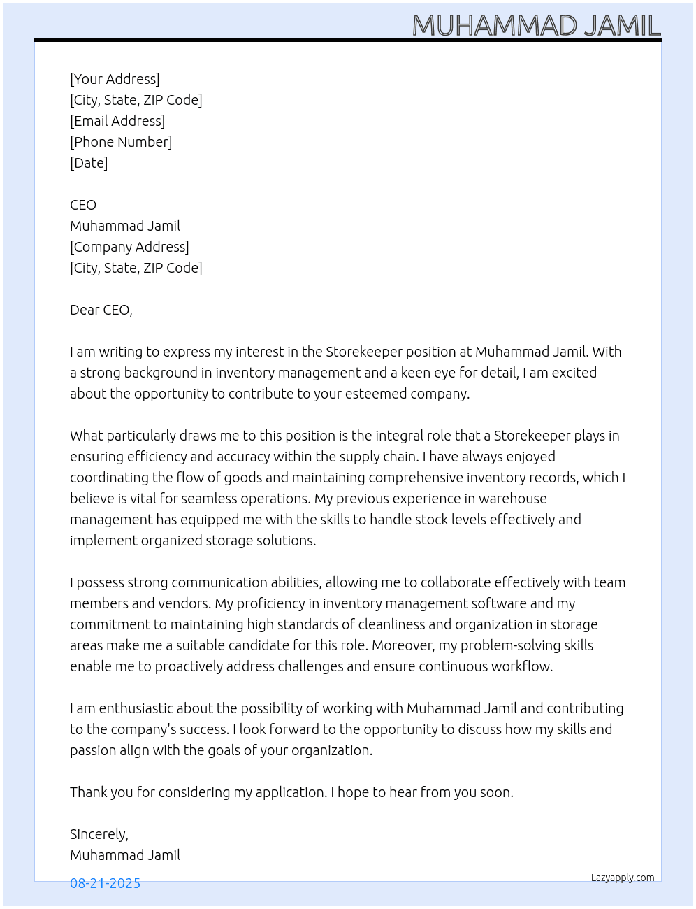 Storekeeper  At Muhammad jamil  Cover Letter