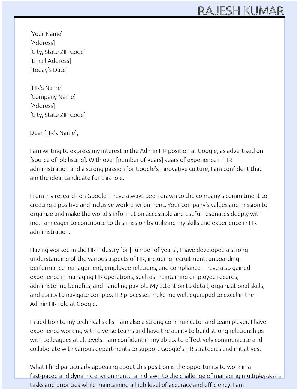 Admin HR At Google Cover Letter