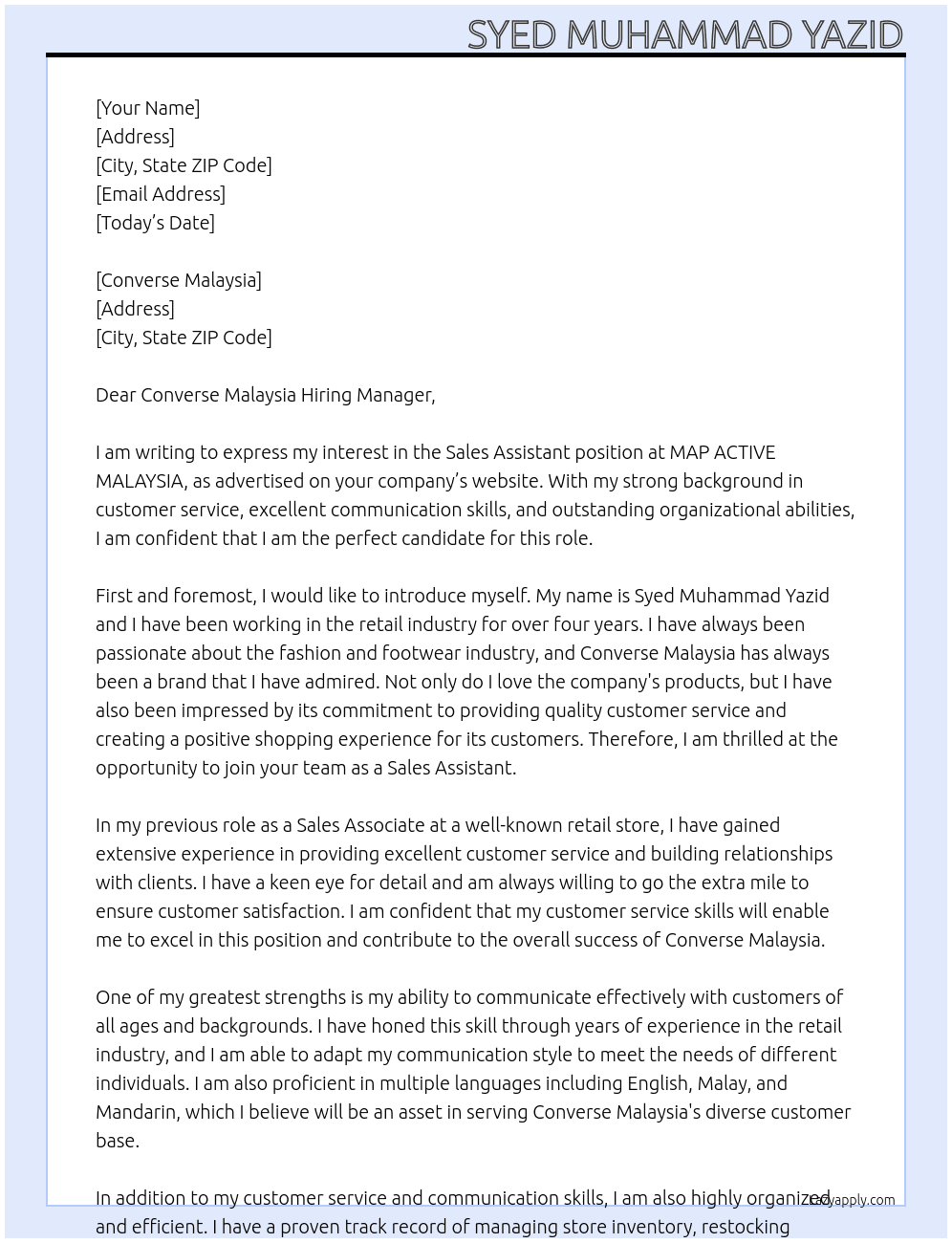 Sales Assistant  At MAP ACTIVE MALAYSIA Cover Letter