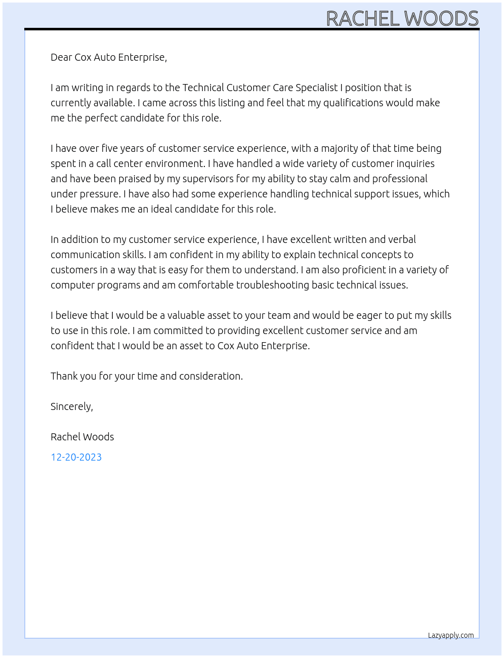 Technical Customer Care Specialist I At Cox Auto Enterprise Cover Letter