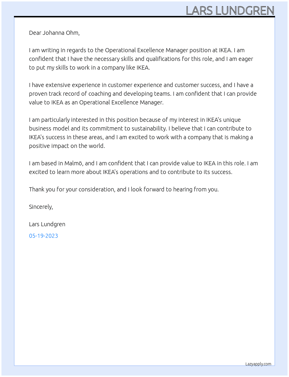 Operational Excellence Manager At IKEA Cover Letter