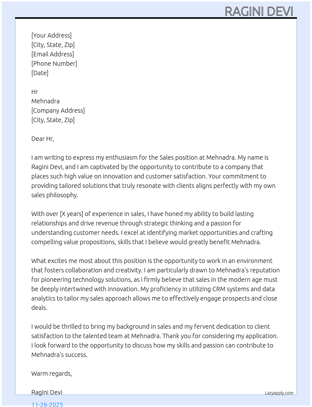 Sales  At Mehnadra Cover Letter