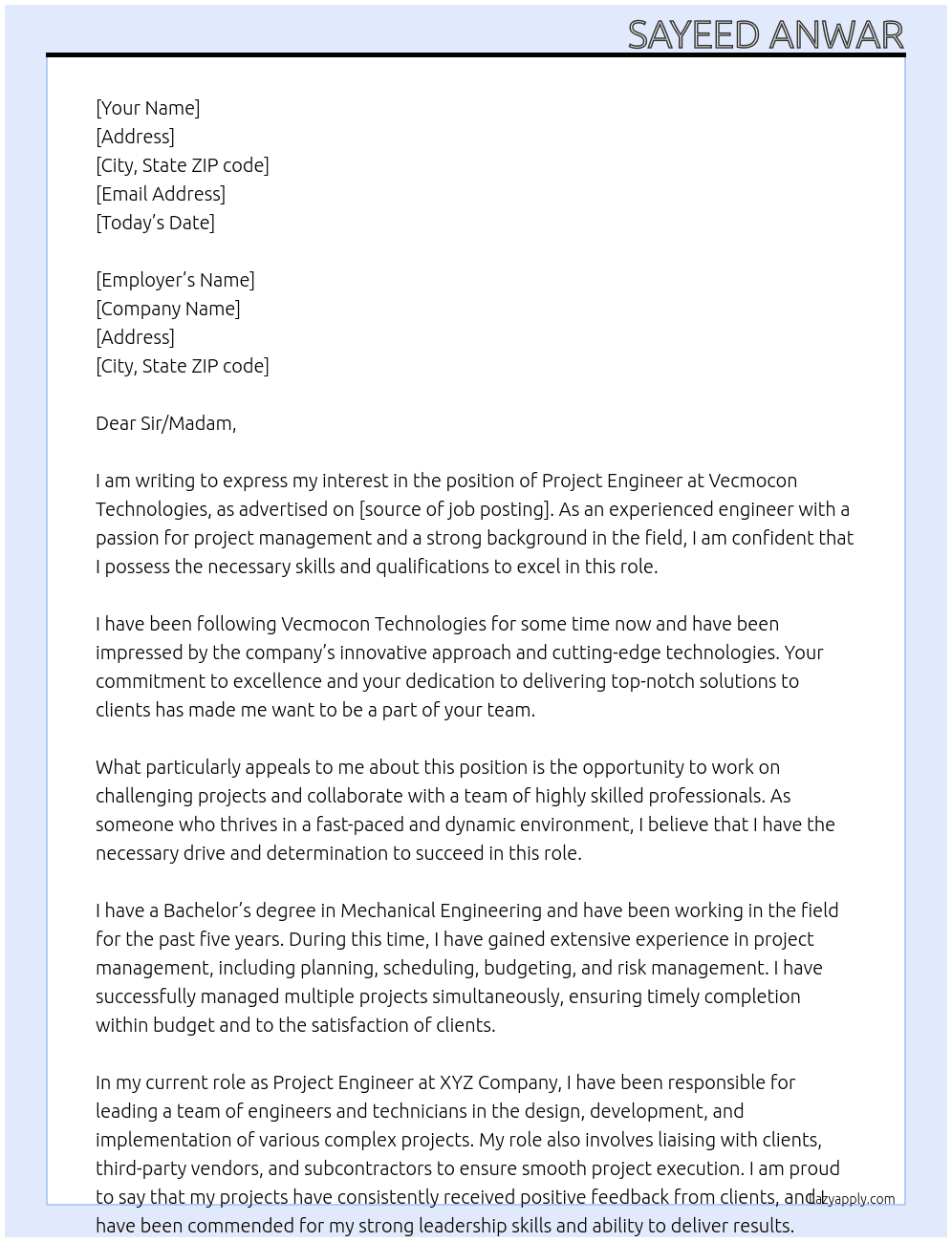 Project engineer At Vecmocon technologies Cover Letter