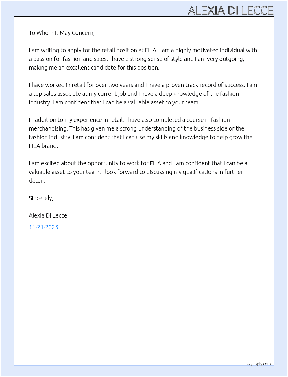 Retail At FILA retail Cover Letter