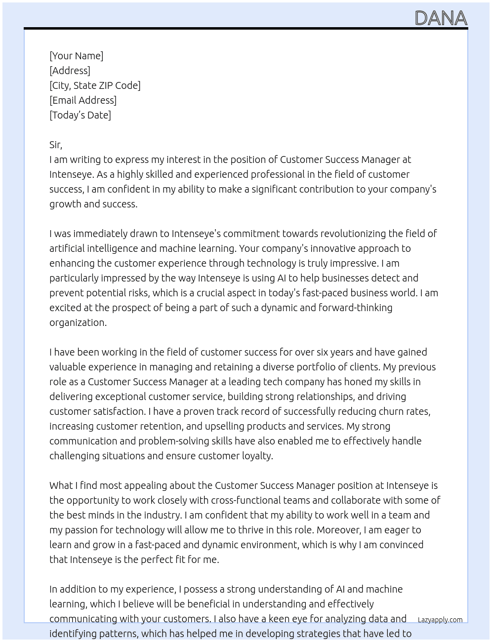 Customer Success Manager At Intenseye Cover Letter
