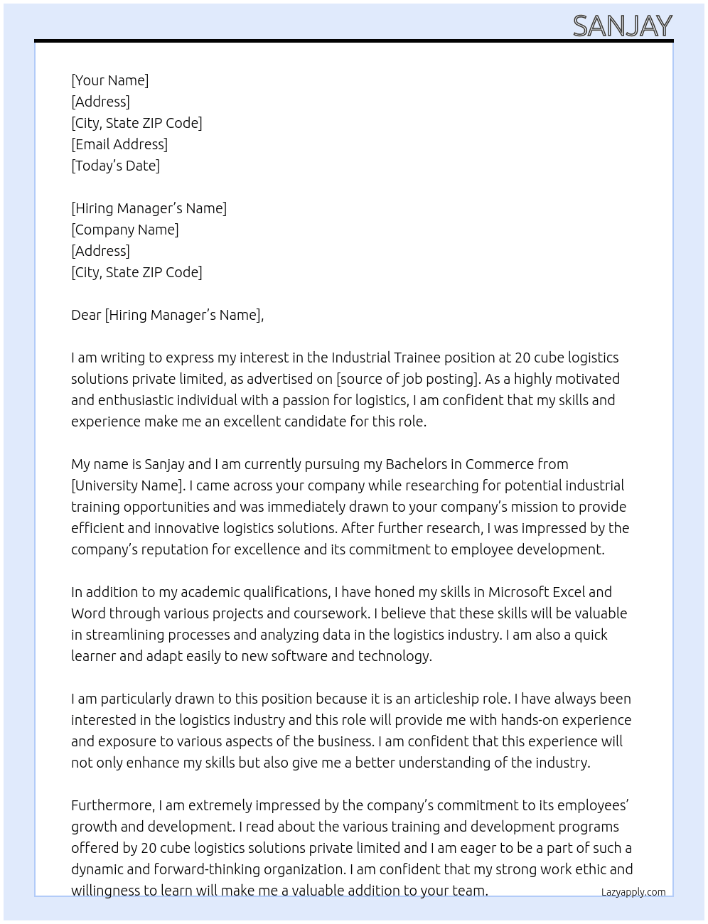 Industrial Trainee At 20 cube logistics solutions private limited Cover Letter