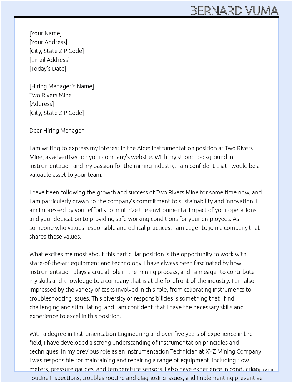 AIDE: INSTRUMENTATION At Two Rivers Mine Cover Letter