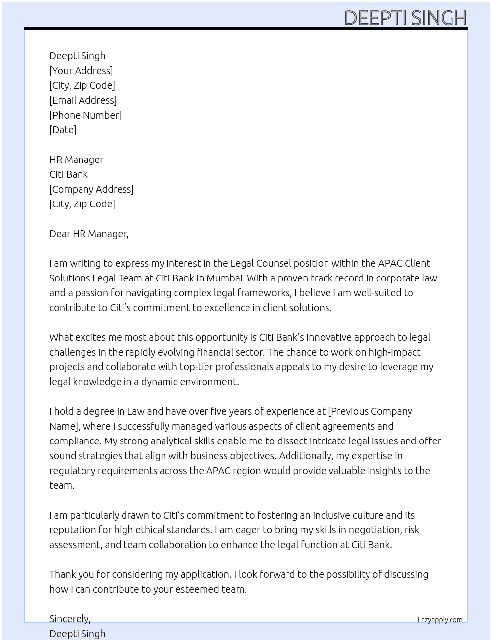 legal counsel  At Citi Bank Cover Letter