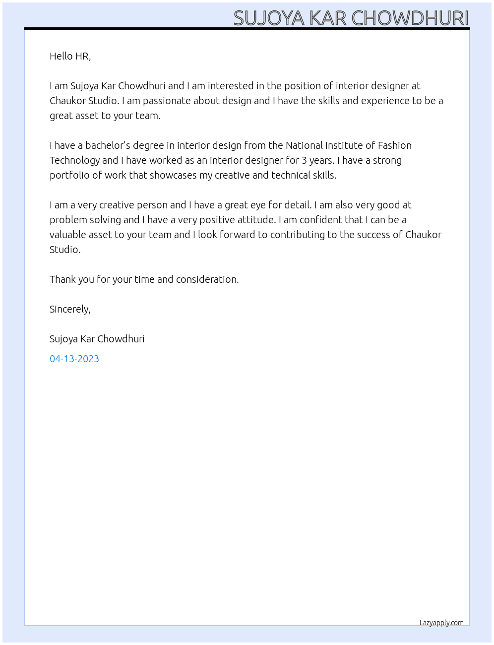 interior designer At Chaukor Studio Cover Letter