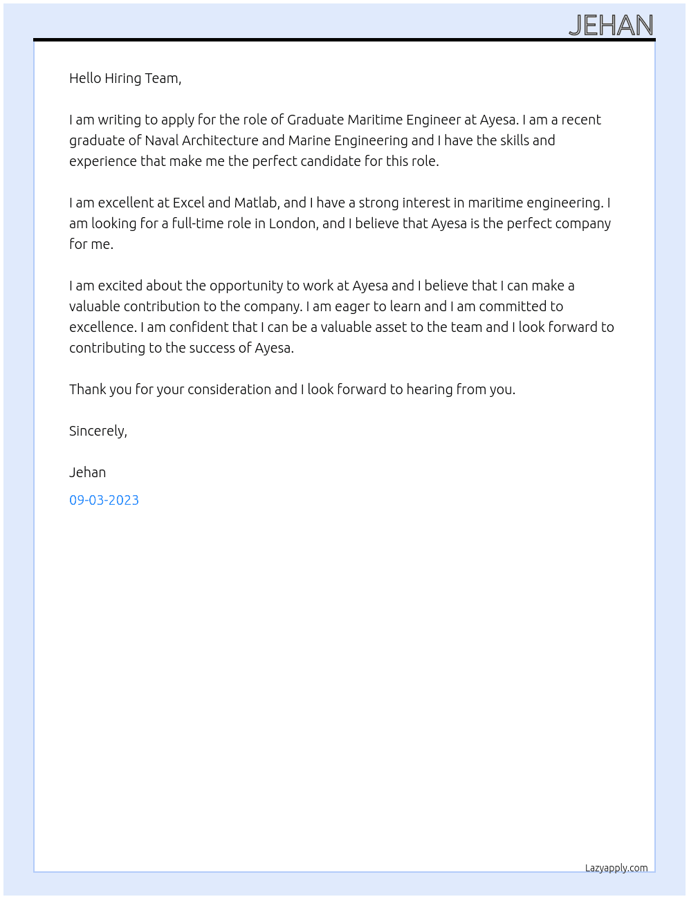 Graduate Maritime engineer  At Ayesa  Cover Letter