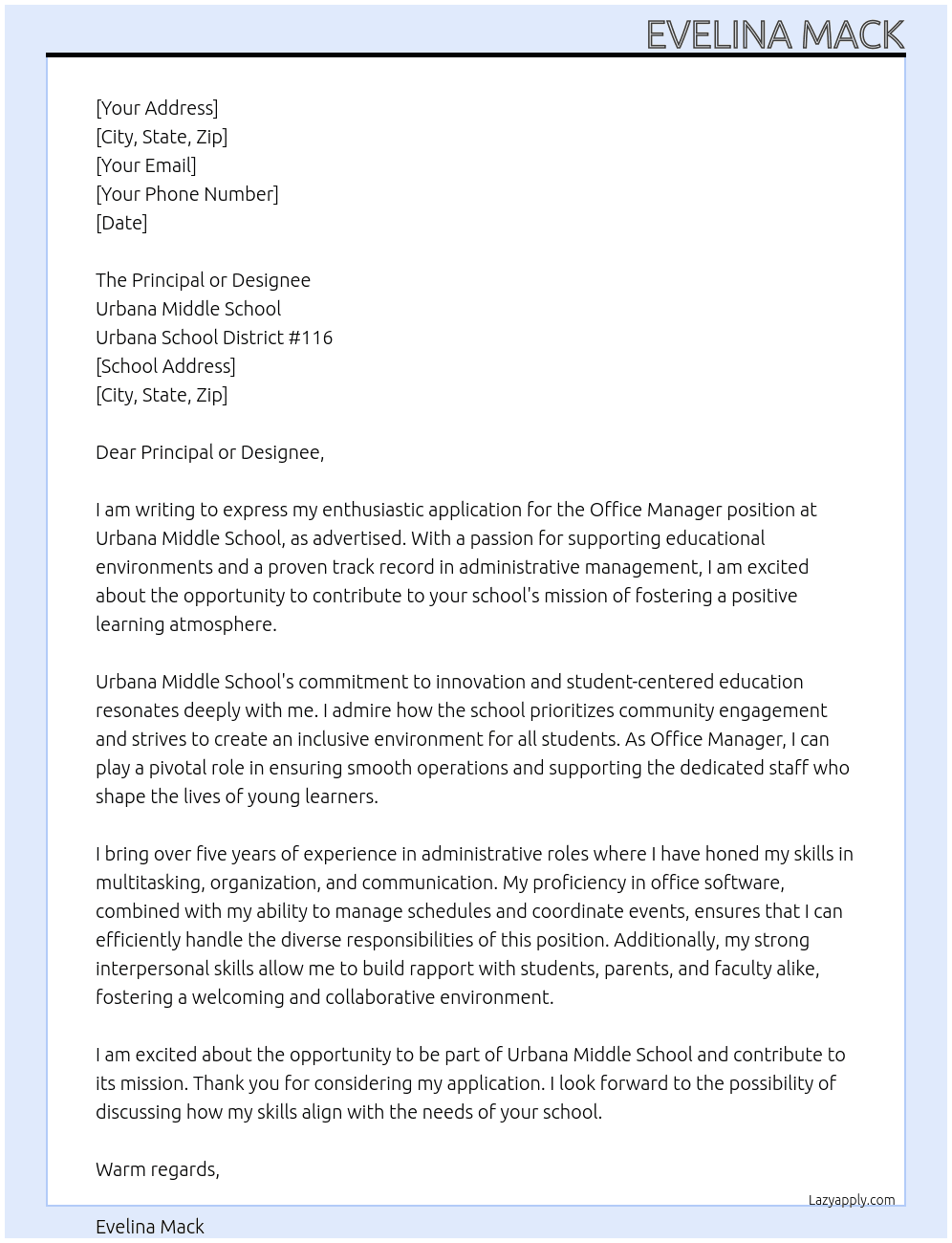 Office Manager At Urbana Middle School, Urbana School District #116 Cover Letter