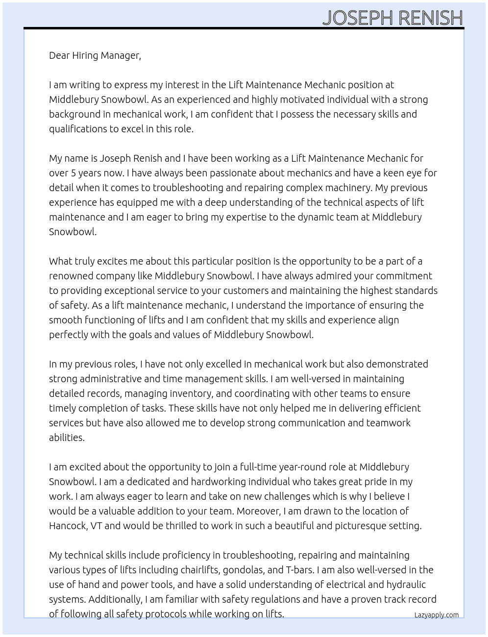 Lift Maintenance Mechanic At Middlebury Snowbowl Cover Letter