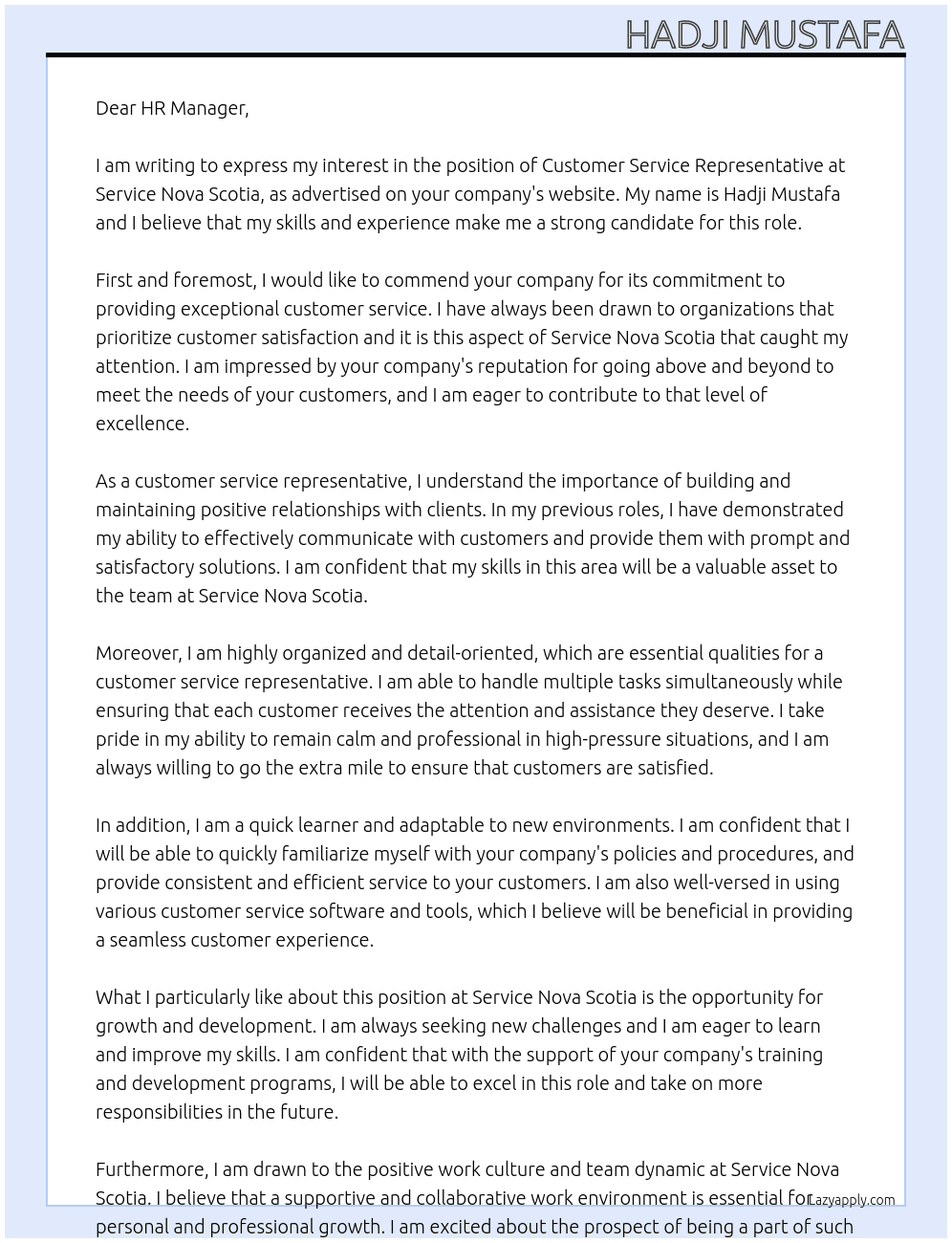 Customer service representative  At SERVICE NOVA SCOTIA Cover Letter