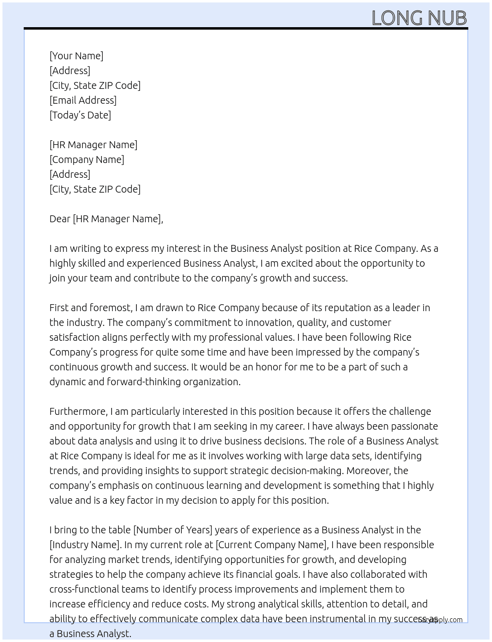 Business analyst At Rice company Cover Letter