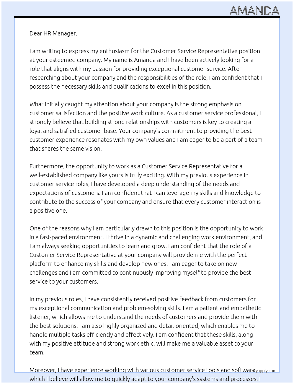 Customer service At Customer service representative  Cover Letter