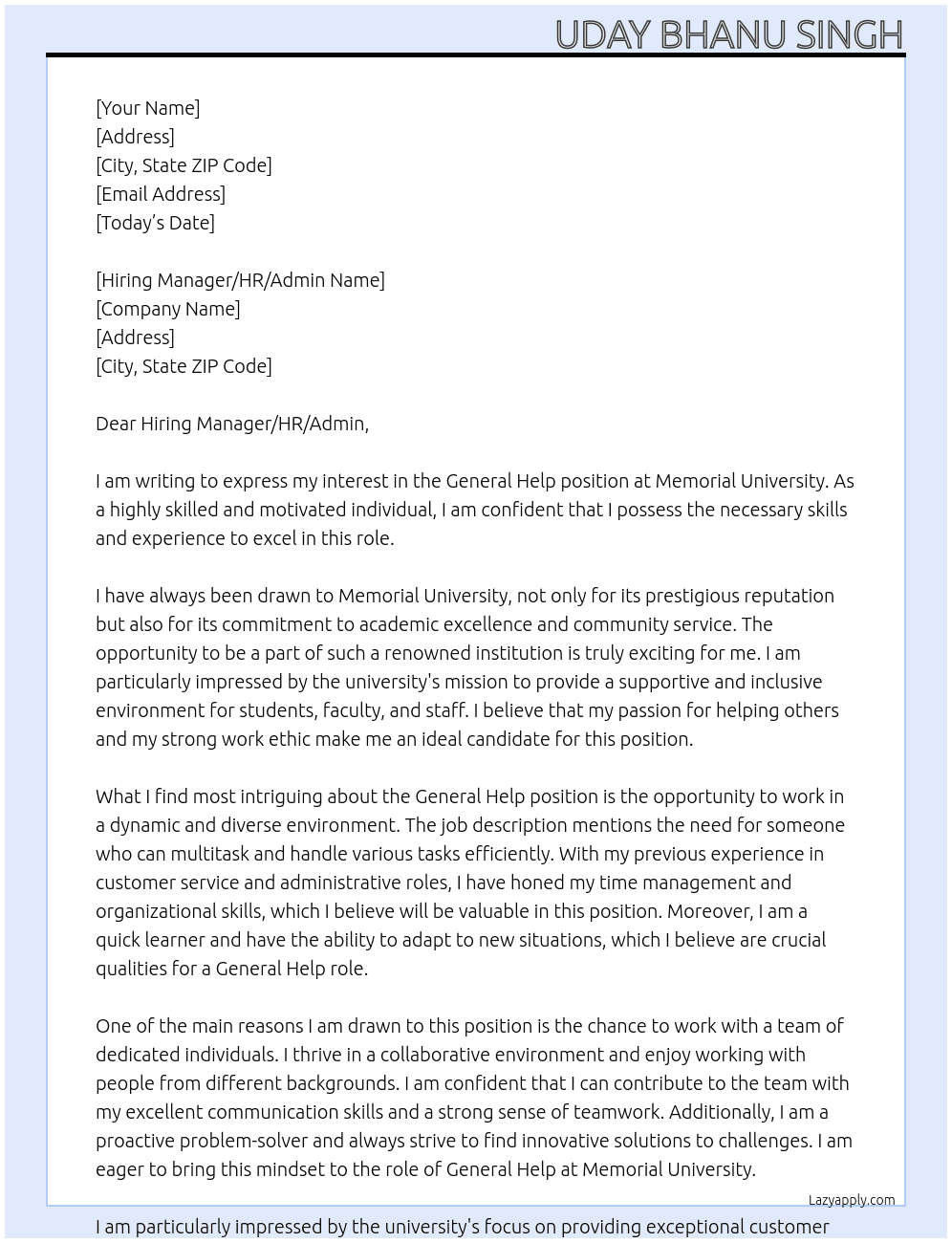 General Help At Memorial University  Cover Letter