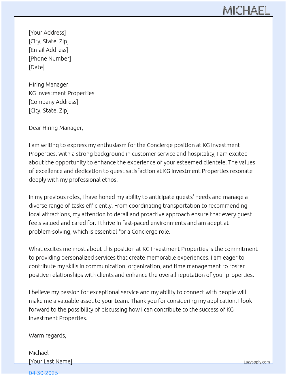 Concierge  At KG Investment Properties  Cover Letter