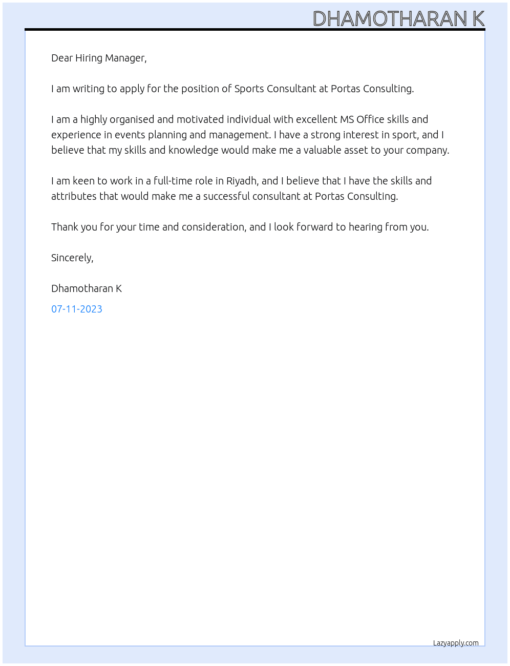 Sports consultant At Portas Consulting Cover Letter