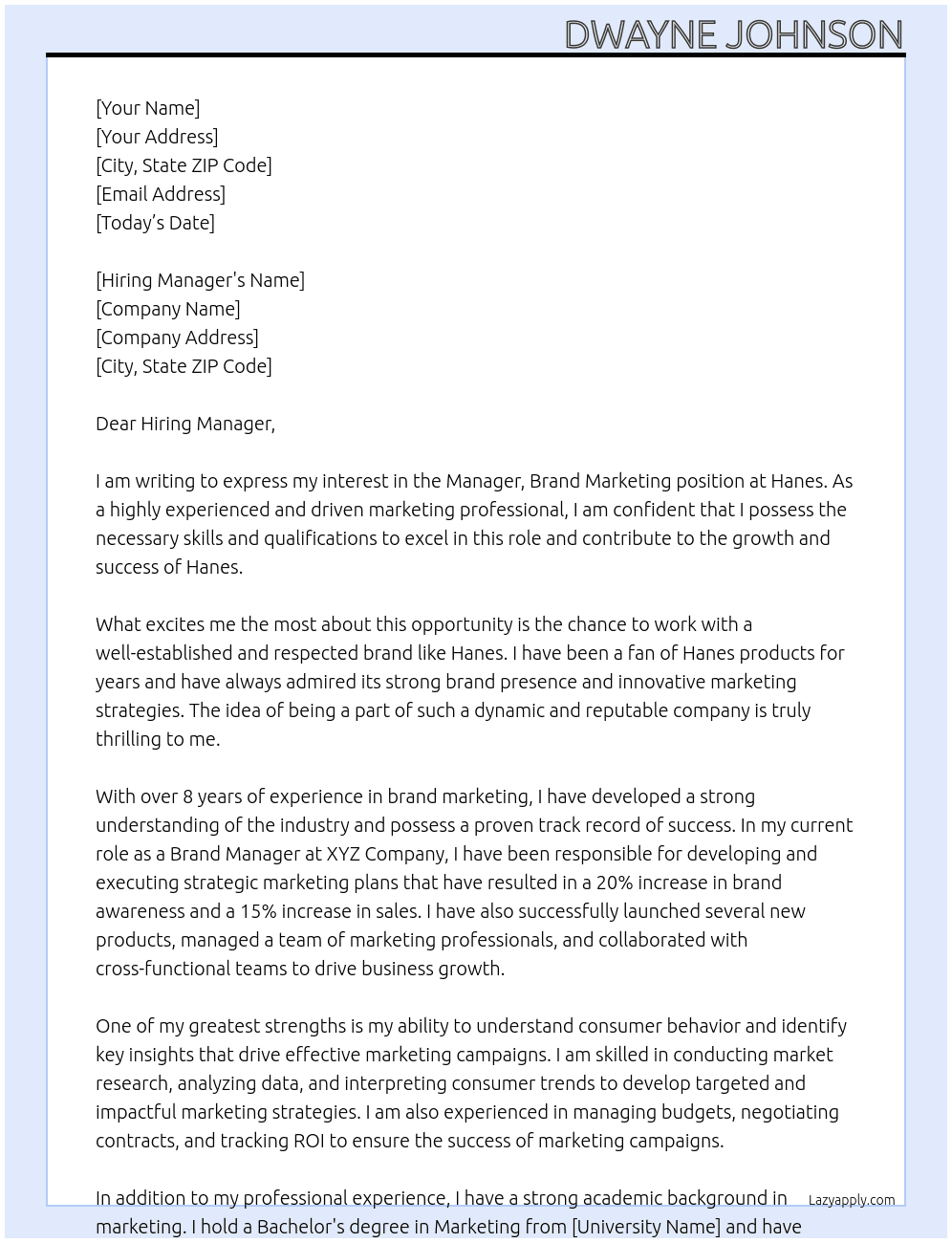 Manager, Brand Marketing At Hanes Cover Letter