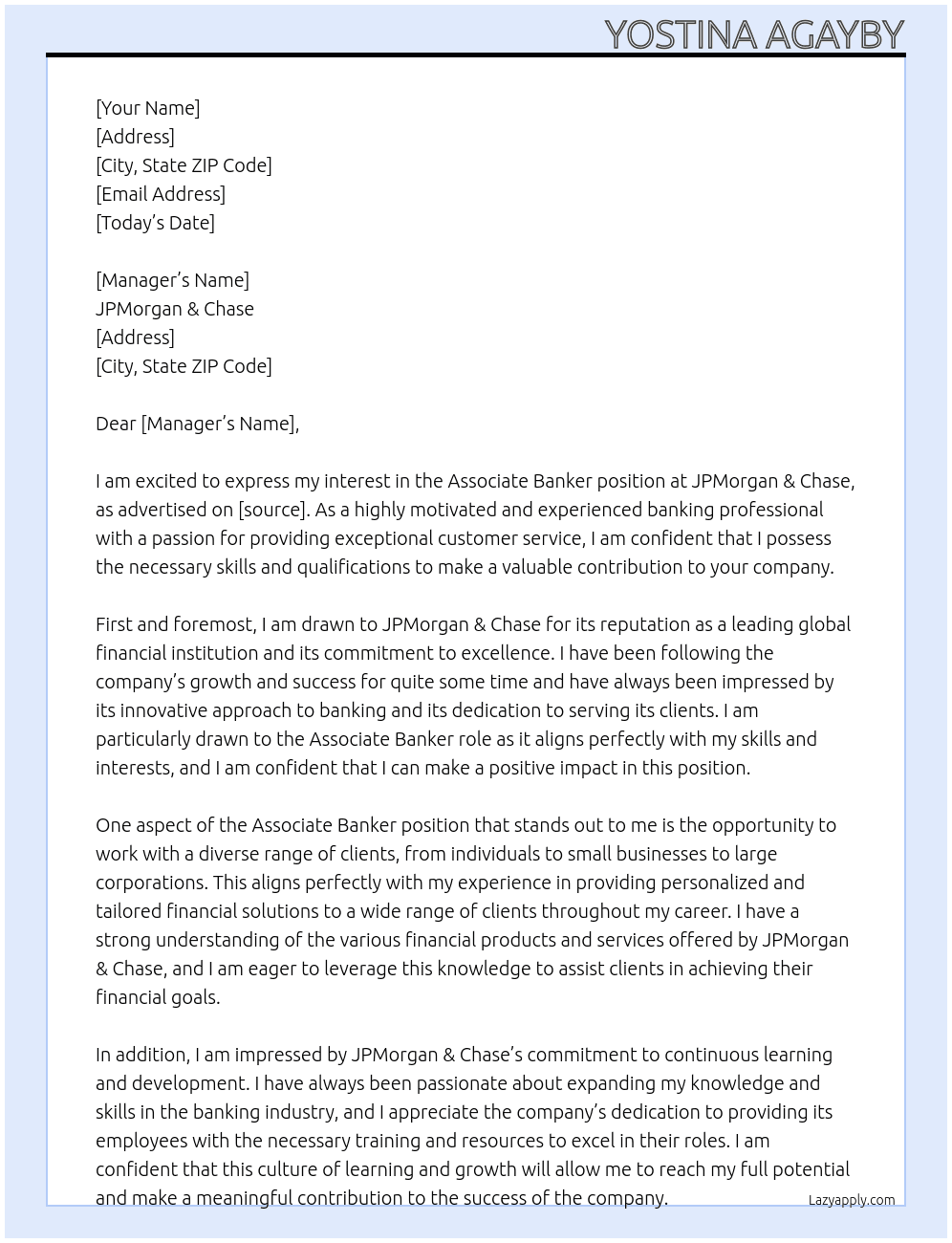 Associate Banker At JPMorgan & Chase Cover Letter