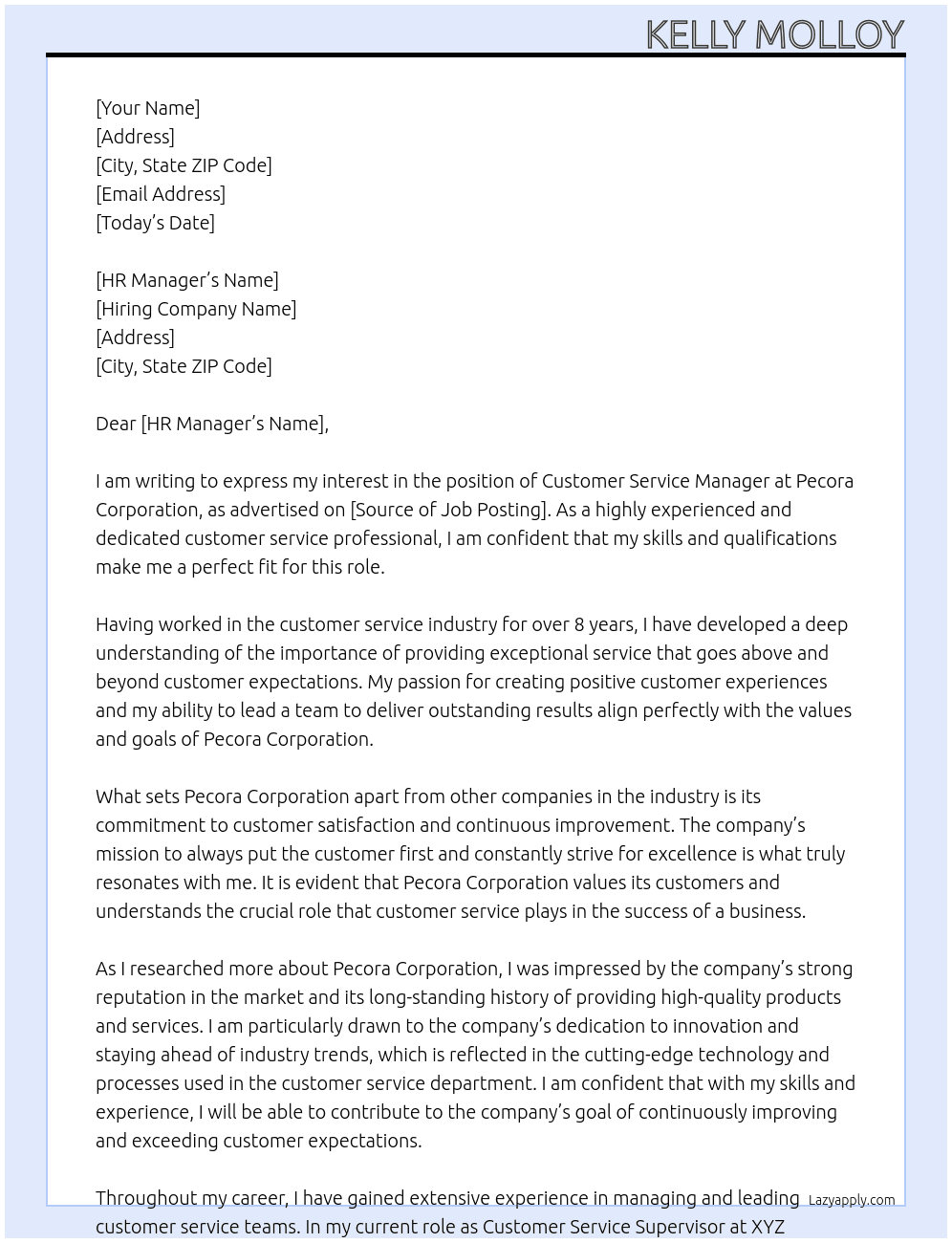 Customer Service Manager At Pecora Corporation Cover Letter