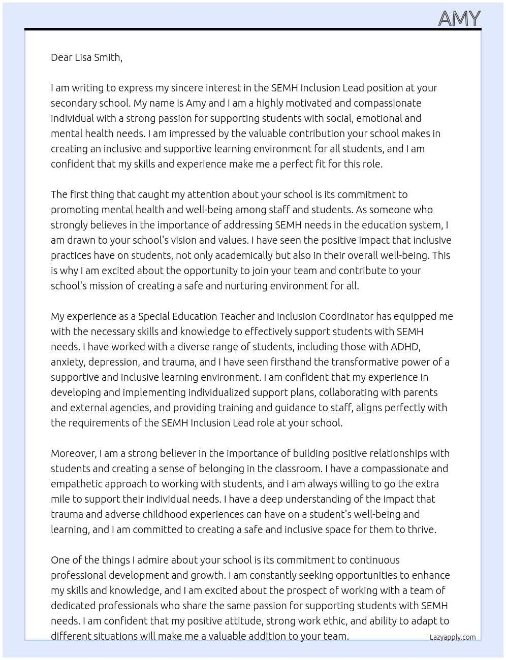 SEMH Inclusion Lead At Secondary school Cover Letter