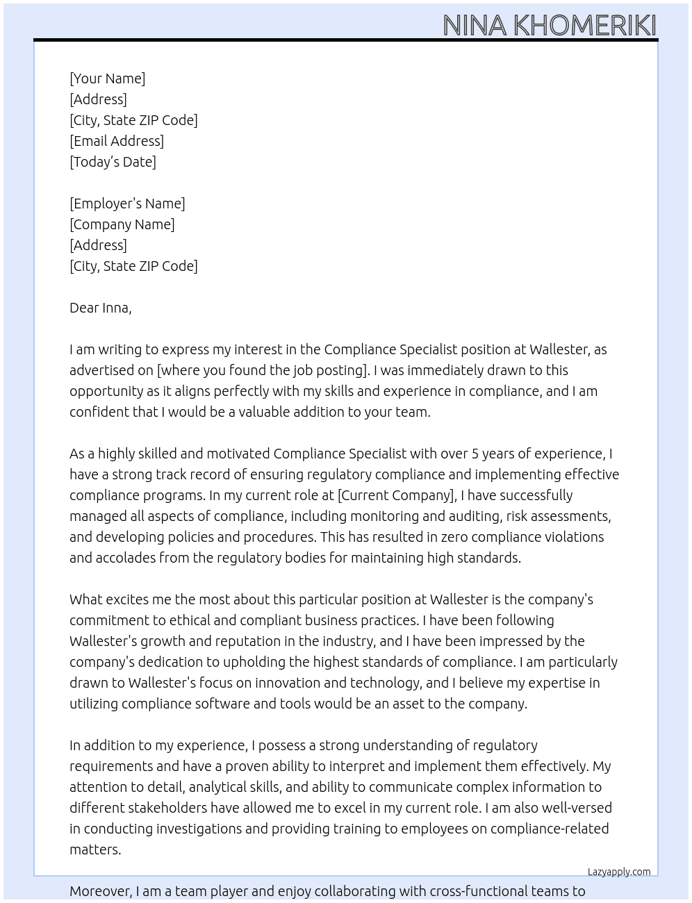 Compliance Specialist At wallester Cover Letter