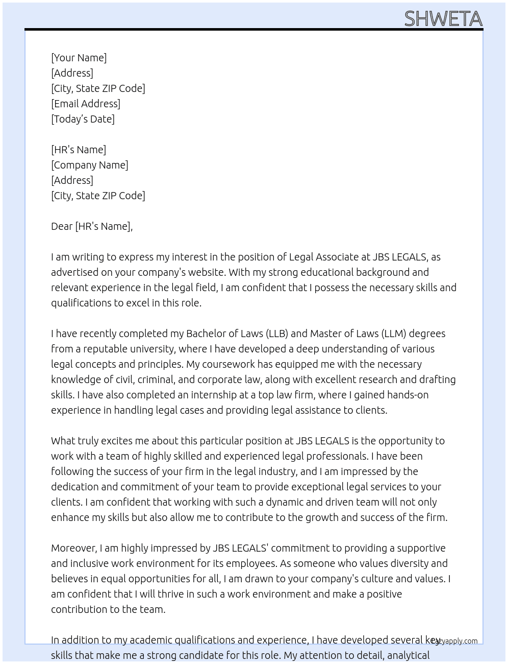 Legal Associate At JBS LEGALS Cover Letter