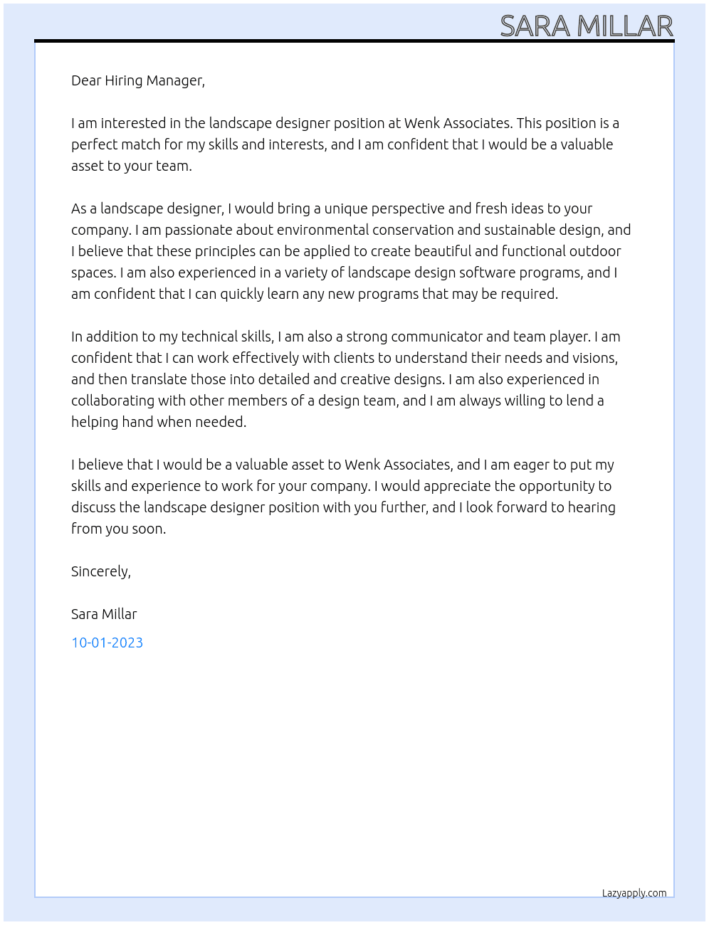 Landscape Designer At Wenk Associates Cover Letter