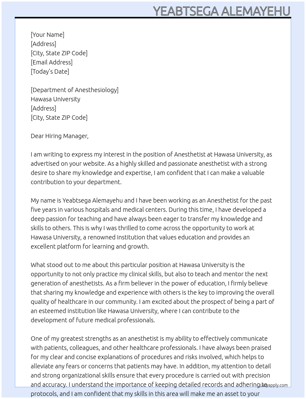anesthetist At Hawasa University  Cover Letter