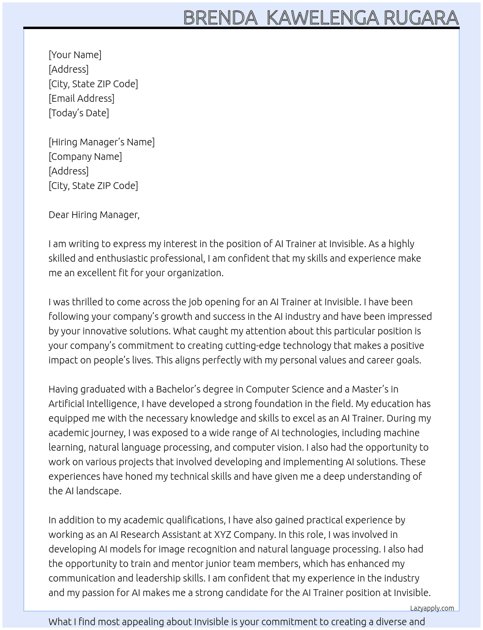 AI Trainer At Invisble Cover Letter