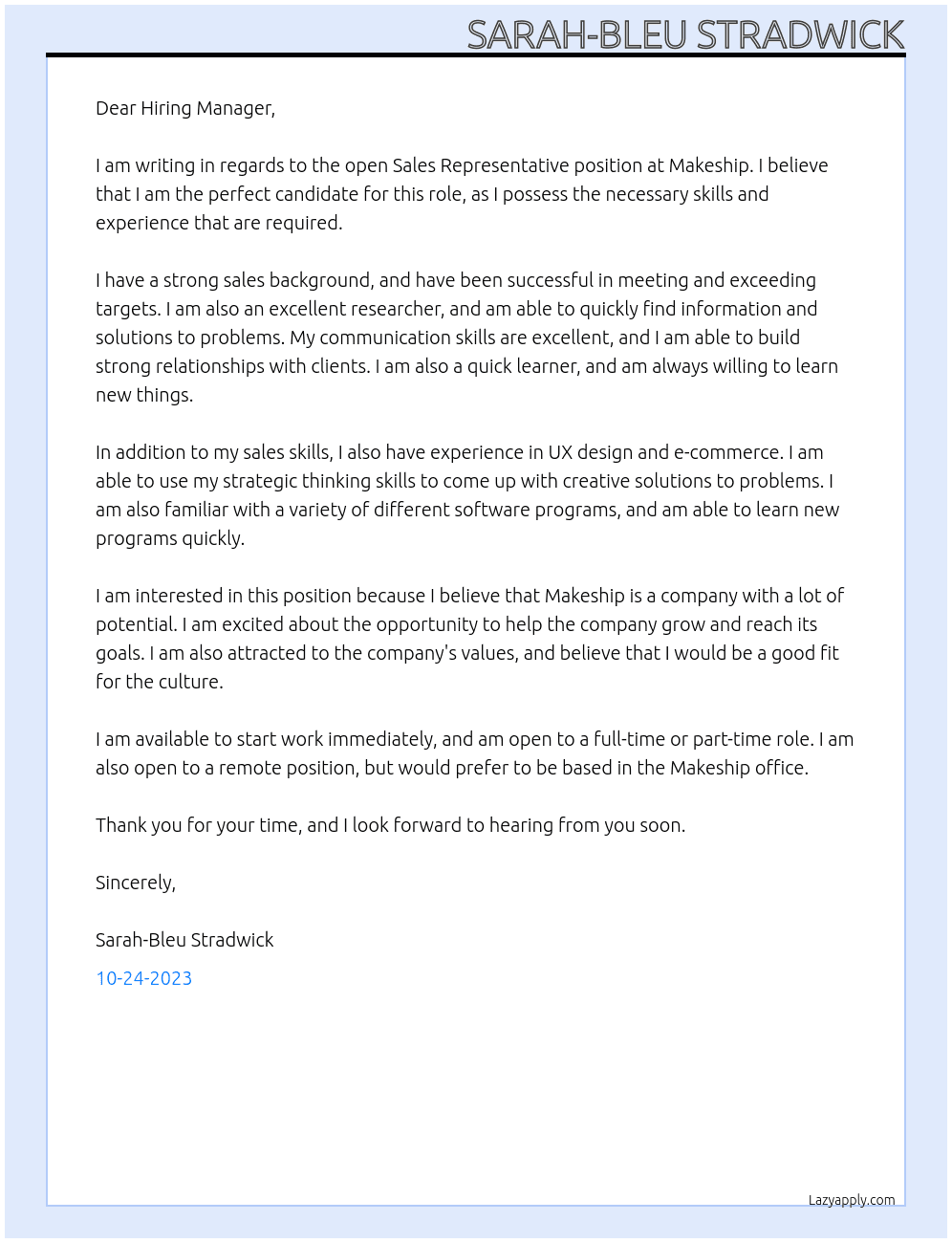 Sales Representative At Makeship Cover Letter