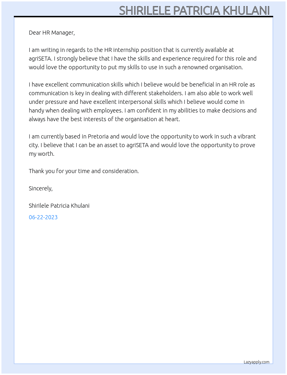 HR internship  At agriSETA Cover Letter