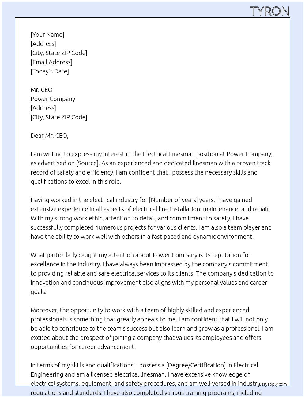 Electrical linesman At Power company Cover Letter