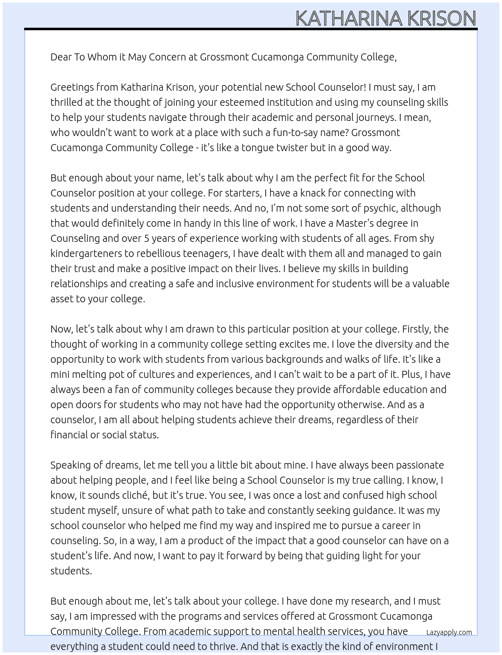 School Counselor At Grossmont Cucamonga Community College Cover Letter