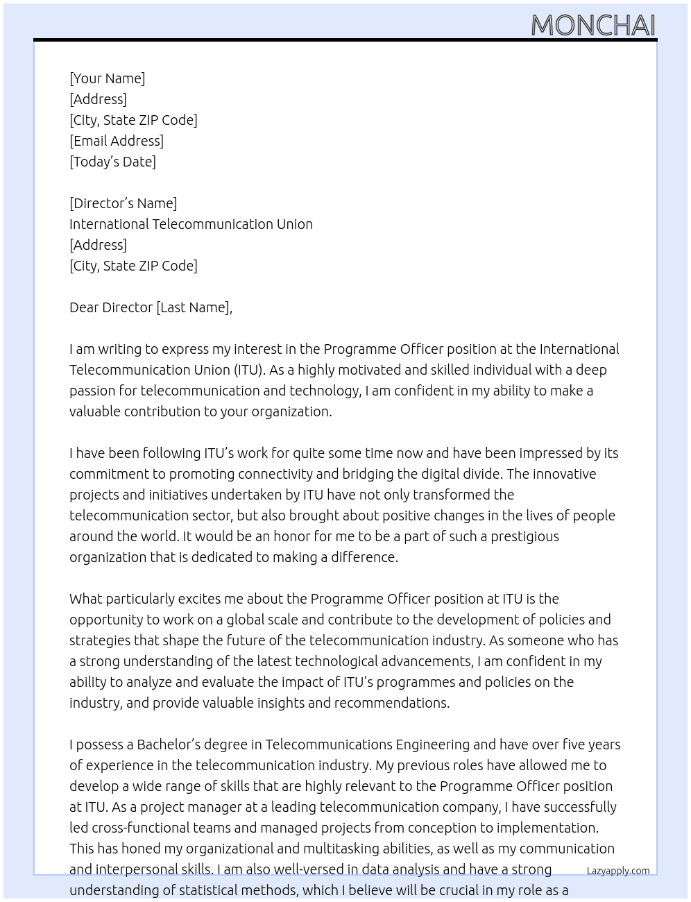 Progamme Officer At INTERNATIONAL TELECOMMUNICATION UNION  Cover Letter